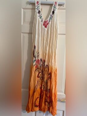 Exist Indian indie boho Sleeveless Cream ombre Orange Floral pleats plisse dress